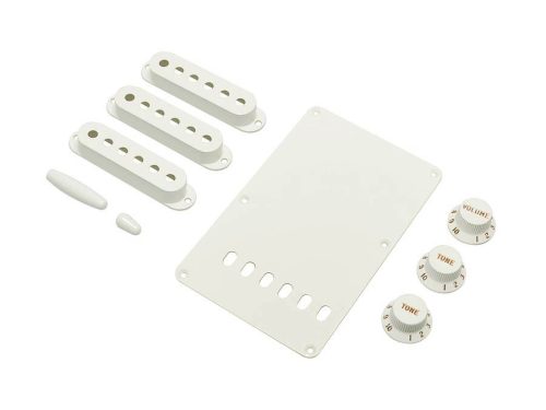 0991362000 Fender Genuine Replacement Part strat accessory kit, contains pot knobs, switch tip, backplate, pickup covers, white