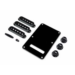   0991363000 Fender Genuine Replacement Part strat accessory kit, contains pot knobs, switch tip, backplate, pickup covers, black