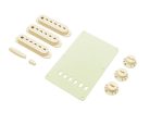 0991368000 Fender Genuine Replacement Part strat accessory kit, contains pot knobs, switch tip, backplate, pickup covers, aged white