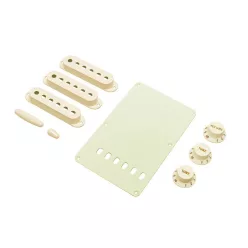   0991368000 Fender Genuine Replacement Part strat accessory kit, contains pot knobs, switch tip, backplate, pickup covers, aged white