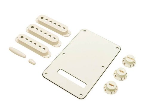 0991395000 Fender Genuine Replacement Part strat accessory kit, contains pot knobs, switch tip, backplate, pickup covers, parchment