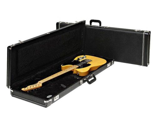 0996101306 Fender  deluxe case for electric guitar, leather handle and ends, black tolex & black interior