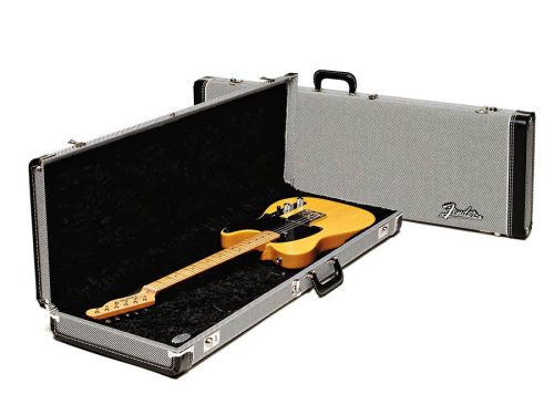 0996101406 Fender  deluxe case for electric guitar, leather handle and ends, black tweed & black interior