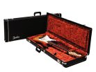 0996103906 Fender  deluxe case for electric guitar, leather handle and ends, black tolex & orange plush interior, left