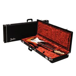   0996103906 Fender  deluxe case for electric guitar, leather handle and ends, black tolex & orange plush interior, left