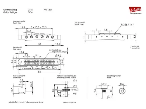 12090100 Schaller  GTM tune-o-matic guitar bridge, 10,5mm spacing, 14"radius, nickel