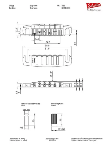 12350100 Schaller  Signum guitar bridge with locking studs, 10,5mm spacing, 12" radius, nickel