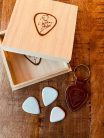 3-wood-CP ChickenPicks  luxury wooden box w/ 3 guitar picks + leather pouch