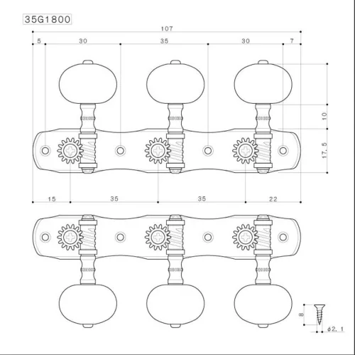 35G-1800-BB Gotoh  machine heads for classic guitar, nylon shaft, 3x left+ 3x right, 70 mm, black button