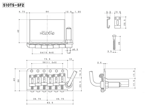 510TS-SF2 Gotoh  tremolo, pitch 10,8 mm, steel block, steel sheet metal saddles, 6 pivot point, chrome