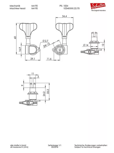 5404032270 Schaller M4 90° Light machine heads 2L2R with M4 light pegs, splitted shaft, black chrome