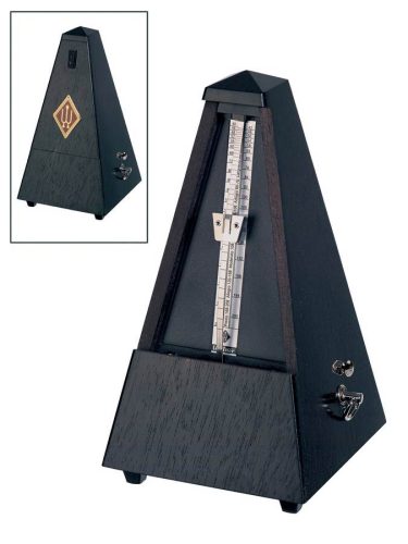 819 Wittner Maelzel metronome, pyramid shaped, wooden casing, with bell, mat, oak black