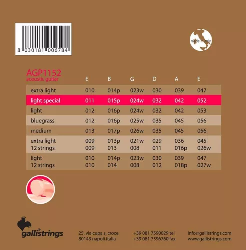 AGP1152 Galli ProCoated Phosphor Bronze string set acoustic, phosphor bronze wound, special light, 011-052