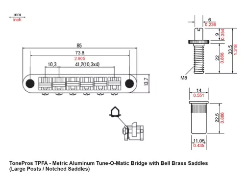 ALTOM-G TonePros  aluminum tune-o-matic bridge, metric/for import guitars, bell brass saddles, gold