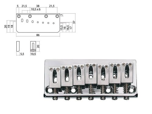 B-1520-7C Boston  bridge-tailpiece, Stallion, pitch 10,5mm, 7-string, strings through body, chrome