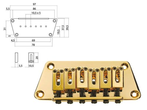 B-1540-G Boston  bridge-tailpiece, Stallion, pitch 10,5mm, strings through body, gold