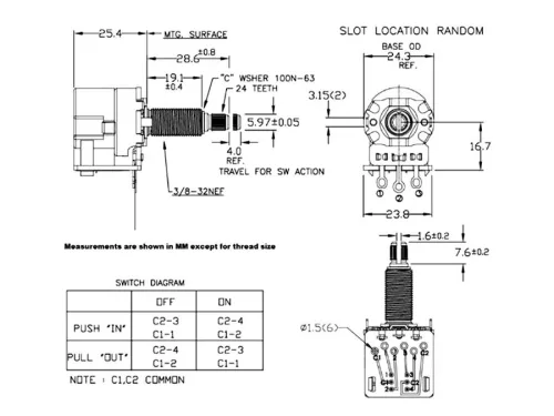 CTS500DPDT CTS USA  DPDT push-pull potentiometer, long .750" bushing, 3/8" diam. for thick/carved top, 500K audio