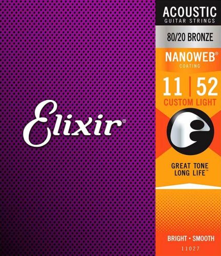 EL-11027 Elixir Nanoweb string set acoustic coated 80/20 bronze, custom light, 011-015-022-032-042-052