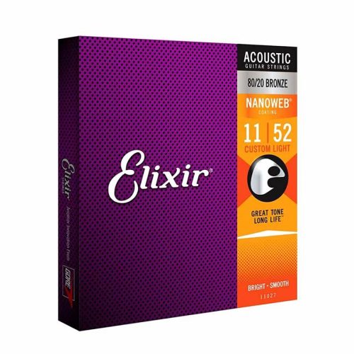 EL-11027 Elixir Nanoweb string set acoustic coated 80/20 bronze, custom light, 011-015-022-032-042-052
