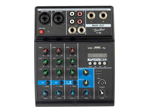 Boston F-4A Mischpult – 2 Mono + 2 Stereo Eingänge, USB Player, Audio Interface, +48V Phantomspeisung, Delay Effekt
