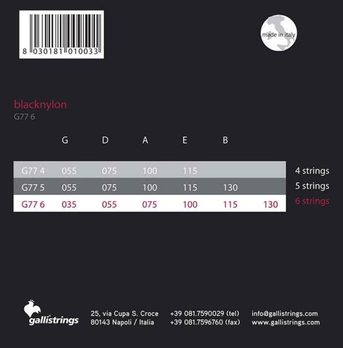 G-77-6 Galli Black Nylon string set acoustic 6-string bass tape wound, 035-130
