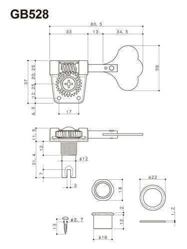 GB-528/4L Gotoh  machine heads for bass guitar, 4x left, 1:26 ratio, lightweight resolite, nickel