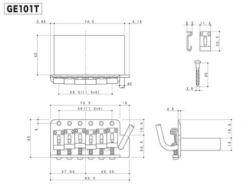 GE101T Gotoh  tremolo, pitch 11,3 mm, zinc-diecast block, steel sheet metal saddles, 6 pivot points, chrome