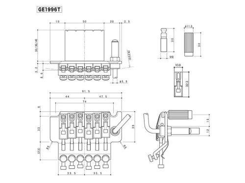 GE1996T33B Gotoh  locking tremolo, pitch 10,8 mm, 33mm steel block, steel saddles, black chrome