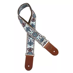   GST-1180-1 Gaucho Traditional Deluxe Series guitar strap, 2 jacquard weave, brown leather slips, brown garment leather backing, white/blue