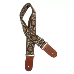   GST-1180-2 Gaucho Traditional Deluxe Series guitar strap, 2 jacquard weave, brown leather slips, brown garment leather backing, brown/gold