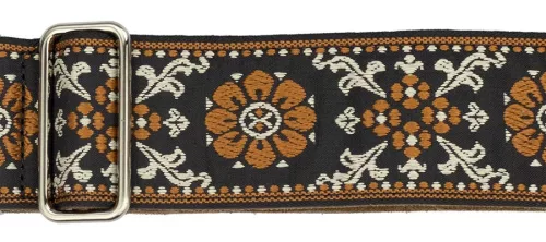 GST-1180-2 Gaucho Traditional Deluxe Series guitar strap, 2 jacquard weave, brown leather slips, brown garment leather backing, brown/gold