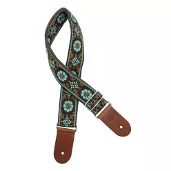   GST-1180-3 Gaucho Traditional Deluxe Series guitar strap, 2 jacquard weave, brown leather slips, brown garment leather backing, brown/blue