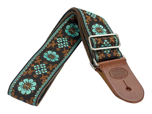 GST-1180-3 Gaucho Traditional Deluxe Series guitar strap, 2 jacquard weave, brown leather slips, brown garment leather backing, brown/blue