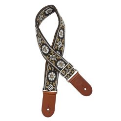   GST-1180-4 Gaucho Traditional Deluxe Series guitar strap, 2 jacquard weave, brown leather slips, brown garment leather backing, white/black