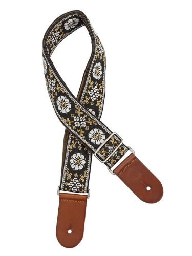 GST-1180-4 Gaucho Traditional Deluxe Series guitar strap, 2 jacquard weave, brown leather slips, brown garment leather backing, white/black