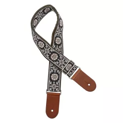   GST-1180-5 Gaucho Traditional Deluxe Series guitar strap, 2 jacquard weave, brown leather slips, brown garment leather backing, yellow/black