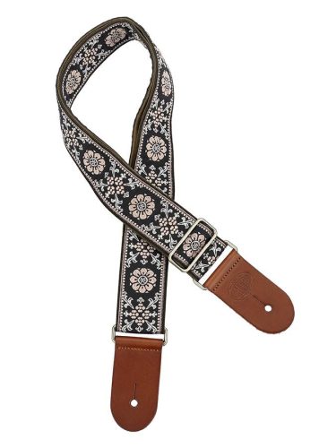 GST-1180-5 Gaucho Traditional Deluxe Series guitar strap, 2 jacquard weave, brown leather slips, brown garment leather backing, yellow/black