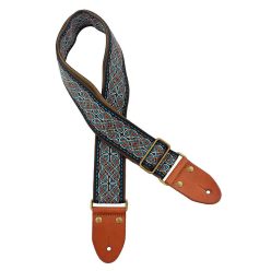   GST-1280-2 Gaucho Authentic Deluxe Series guitar strap, 2" jacquard weave, leather slips with pins, brass buckle, suede backing, bk/bu