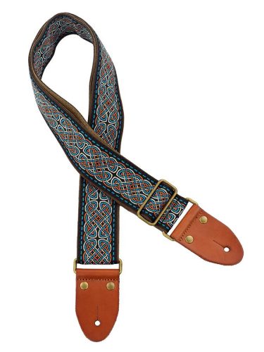 GST-1280-2 Gaucho Authentic Deluxe Series guitar strap, 2" jacquard weave, leather slips with pins, brass buckle, suede backing, bk/bu