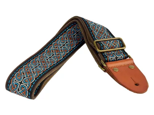 GST-1280-2 Gaucho Authentic Deluxe Series guitar strap, 2" jacquard weave, leather slips with pins, brass buckle, suede backing, bk/bu