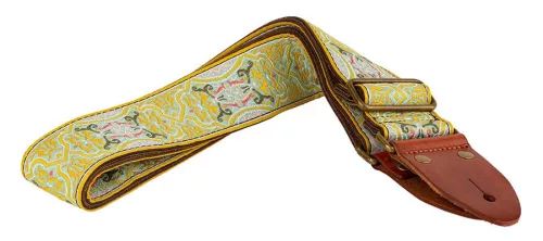 GST-1280-3 Gaucho Authentic Deluxe Series guitar strap, 2" jacquard weave, leather slips with pins, brass buckle, suede backing, yw/gn