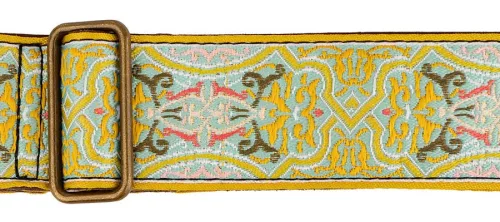 GST-1280-3 Gaucho Authentic Deluxe Series guitar strap, 2" jacquard weave, leather slips with pins, brass buckle, suede backing, yw/gn