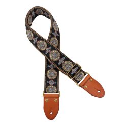   GST-1280-4 Gaucho Authentic Deluxe Series guitar strap, 2" jacquard weave, leather slips with pins, brass buckle, suede backing, bk/bu/rd