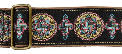 GST-1280-4 Gaucho Authentic Deluxe Series guitar strap, 2" jacquard weave, leather slips with pins, brass buckle, suede backing, bk/bu/rd