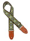 GST-1280-7 Gaucho Authentic Deluxe Series guitar strap, 2" jacquard weave, leather slips with pins, brass buckle, suede backing, bk/bu/gn