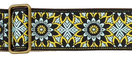 GST-1280-7 Gaucho Authentic Deluxe Series guitar strap, 2" jacquard weave, leather slips with pins, brass buckle, suede backing, bk/bu/gn