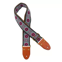   GST-1280-8 Gaucho Authentic Deluxe Series guitar strap, 2" jacquard weave, leather slips with pins, brass buckle, suede backing, bk/bu/pk