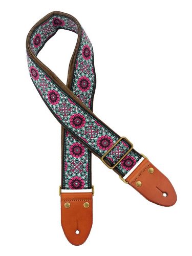 GST-1280-8 Gaucho Authentic Deluxe Series guitar strap, 2" jacquard weave, leather slips with pins, brass buckle, suede backing, bk/bu/pk