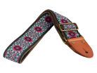 GST-1280-8 Gaucho Authentic Deluxe Series guitar strap, 2" jacquard weave, leather slips with pins, brass buckle, suede backing, bk/bu/pk