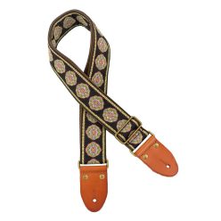   GST-1280-9 Gaucho Authentic Deluxe Series guitar strap, 2" jacquard weave, leather slips with pins, brass buckle, suede backing, bk/gn
